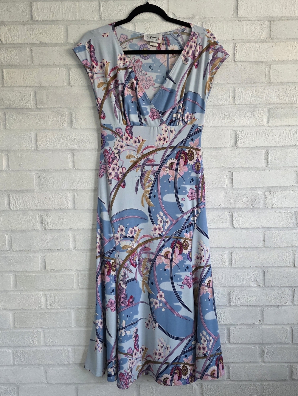 Vintage Y2K D.J. Summers Dress Blue Floral Kimono Wrap Top Fit/Flare 6 Slinky